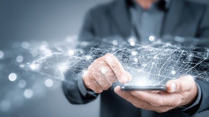 Man holds cell phone with digital network visualization connected lines project from device symbolizing global interaction