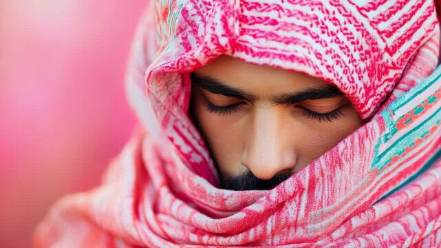 Moment of tranquil contemplation, depicting person's gentle repose in rich, patterned fabric headdress