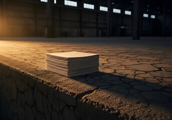 Fototapeta premium A stack of blank papers on a rough, cracked surface, with a vast, dim industrial space in the background