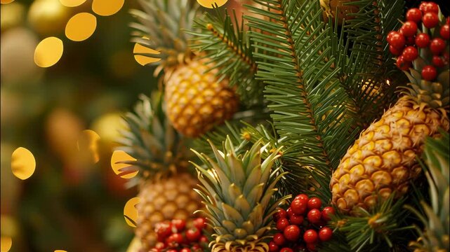 Christmas tree branches adorned with pineapples and red berries, illuminated by warm bokeh lights, evoke a tropical holiday spirit video 4k