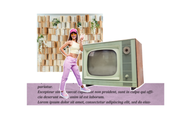 Composite sketch image design trend artwork collage of obsolete television tuner device young lady stand text book two finger hello