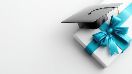 Graduation cap with blue ribbon atop white box commemorative display of academic achievement and success