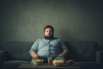 Overweight man eating snacks on couch
