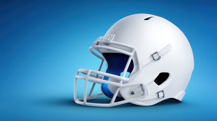 Blue background highlights a football helmet protective football helmet rests on a blue surface
