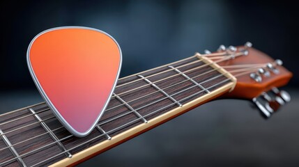 Red guitar pick rests on instrument surface vibrant red plectrum waits for musical expression