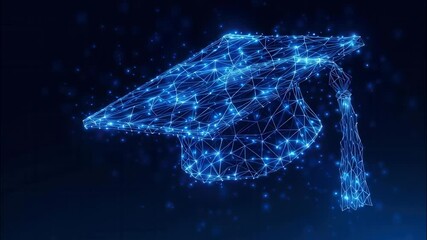 Glowing graduation cap creating plexus network pattern against deep blue backdrop, symbolizing digital learning and academic achievement video 4k - Powered by Adobe
