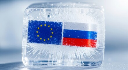 Frozen tensions: european union and russian flags encased in ice symbolize political chill