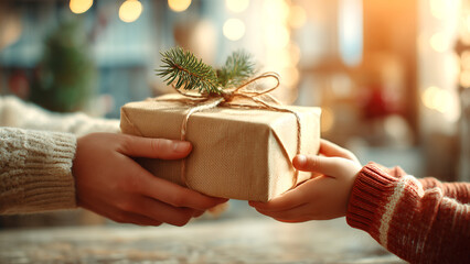 大人の手が子供の手に、シンプルに包装されたクリスマスプレゼントを渡しているクローズアップ