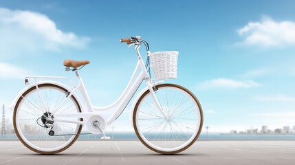 White bicycle features front basket front basket equipped white bicycle parked outdoors