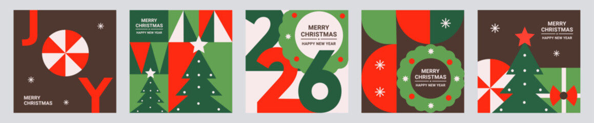 Merry Christmas and Happy New Year greeting cards set with festive typography, wreaths, candy, Xmas trees, a gift, stars, snowflakes in a modern geometric style&mdash;perfect for web, prints, social media.