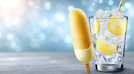 Glass of ice with lemon and straw refreshing beverage refreshing drink in glass ice cold with lemon and straw