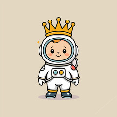 A charming illustration of a joyful astronaut king, proudly wearing a golden crown and waving to his subjects, as colorful aliens gather around him on a vibrant planet.
