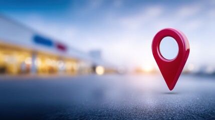 Red marker on road city in background vibrant marker stands on asphalt road toward distant city