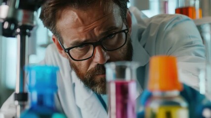 Intense scientist in lab coat examines colorful chemical solution containers with serious expression, leading critical experiment - Powered by Adobe