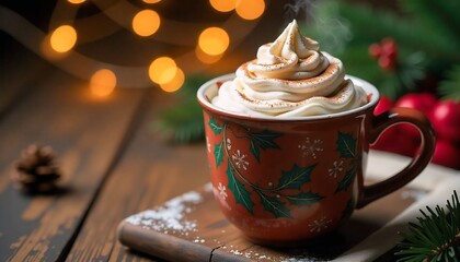 a professional warm and inviting photograph of a rich chocolate Christmas cocoa in a decorative holiday mug, with the cocoa filled to the brim and topped with a generous dollop of whipped cream, sprin