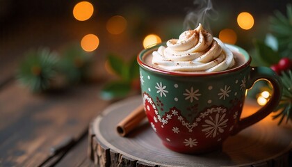 a professional warm and inviting photograph of a rich chocolate Christmas cocoa in a decorative holiday mug, with the cocoa filled to the brim and topped with a generous dollop of whipped cream, sprin