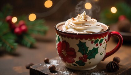 a professional warm and inviting photograph of a rich chocolate Christmas cocoa in a decorative holiday mug, with the cocoa filled to the brim and topped with a generous dollop of whipped cream, sprin