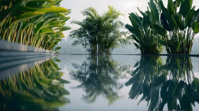 An infinity pool lined with tropical plants, their green leaves mirrored on the still water.