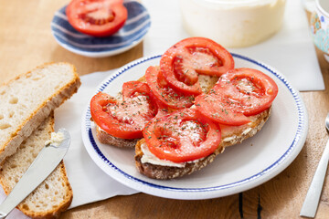 two bruschettas with tomato slices on a plate