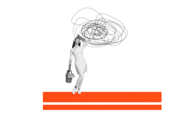 Collage artwork of tired young woman cleaning home house room isolated on creative drawing background