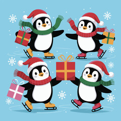 Cute Christmas Penguins Ice Skating with Gifts | Adorable Winter Holiday Illustration for Kids