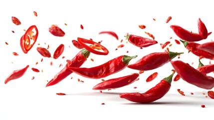 Vibrant red chili peppers and slices are captured in dynamic motion against a clean white background.