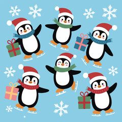 Cute Christmas Penguins Ice Skating with Gifts | Adorable Winter Holiday Illustration for Kids
