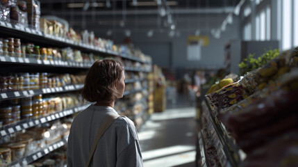 Woman shopping in supermarket aisle
