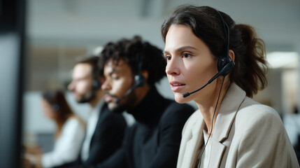 Focused female call center agent with headset
