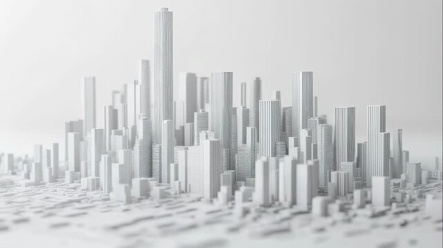 Abstract monochrome city skyline zoom out. Architectural model or miniature metropolis moving scene. Urban planning or real estate video.