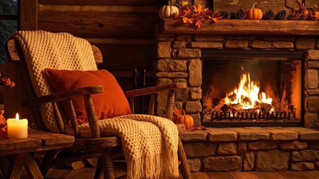 cozy autumn fireplace scene with rocking chair