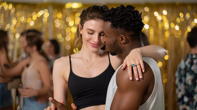 A diverse couple shares a loving slow dance, embracing a mindful new year with heartfelt connection and radiant joy, celebrating fresh starts and future aspirations