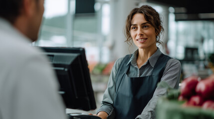 Smiling female cashier serving customer at grocery store