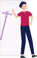 The boy is pointing construction tool on mobile