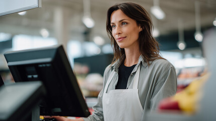 Female cashier working at supermarket checkout counter
