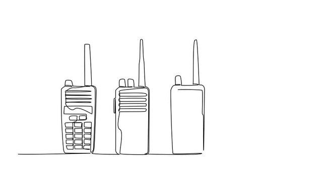 Self drawing animation of single one line drawing several handy talkies placed in a row. Four different types with same function. Device Amateur Radio Military Appreciation Day. Full length animated