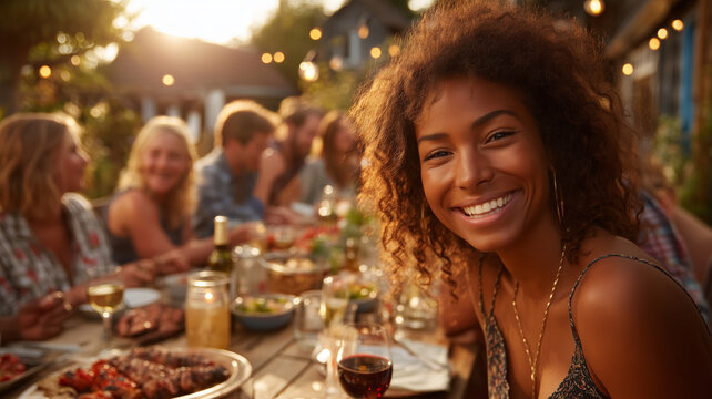 Friends gather for a joyful dinner under warm evening lights