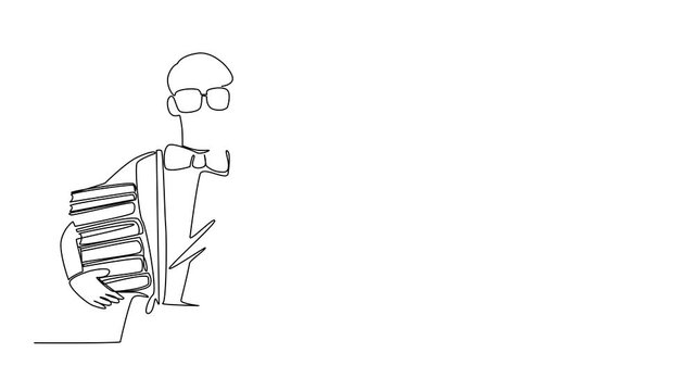 Self drawing animation of single one line drawing man wear a long sleeved shirt with suspender carrying stack of books hold glasses. Funny behavior. Ridiculous. Geek Pride Day. Full length animated