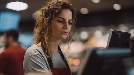 Focused female cashier working at supermarket checkout
