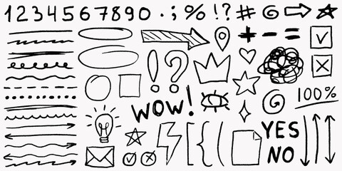 Hand drawn vector pencil lines with childish doodles and swirls, gritty texture, random stars and curls, scrawled strokes and cute abstract sketchy icons.