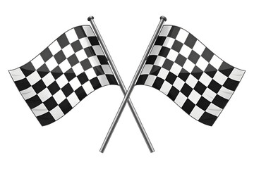 Fototapeta premium Two crossed black and white checkered flags symbolizing a race finish or victory. Isolated on a transparent background, PNG format. Perfect for motorsport design, racing events, competition themes, an