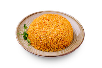 Colorful plate of seasoned rice served with herbs on a simple dish