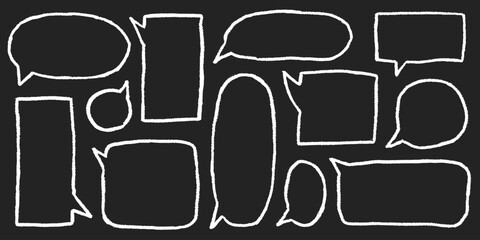 Chalky texture with doodled borders and empty dialog balloons, text box chalkboard feel, geometric message boxes, grainy pencil lines and soft dusty surface.