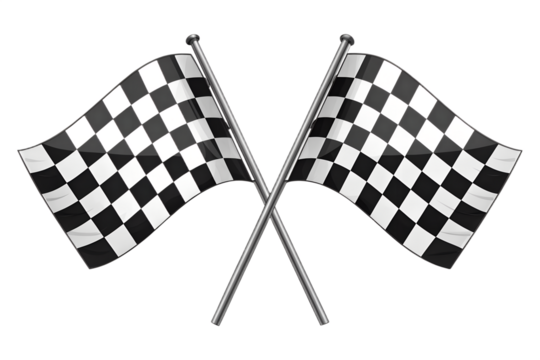 Two crossed black and white checkered flags symbolizing a race finish or victory. Isolated on a transparent background, PNG format. Perfect for motorsport design, racing events, competition themes, an