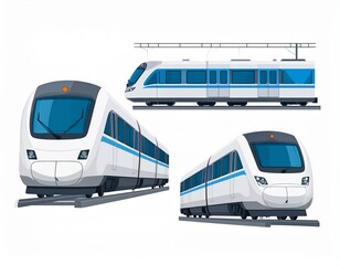 Modern High-Speed Train in White and Blue from Multiple Angles on Railway Tracks