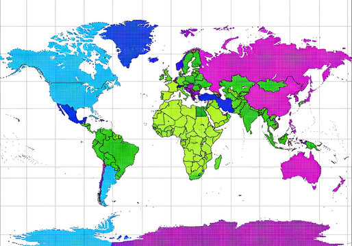 A colorful world map illustrating countries with a grid background. The map highlights different regions and their varying geographical features, showcasing the diversity of the world