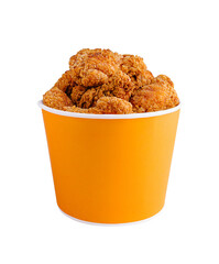 Crispy golden fried chicken in an orange container on a white background