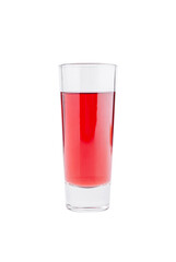 Refreshing red drink served in a clear glass on a white background