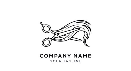 Minimalist line art logo of scissors cutting a lock of hair for a salon or barber.