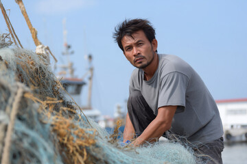 Fisherman resting beside fishing nets at the dock
